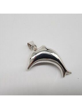 Dolphin Shaped Silver Plated Pendant Necklace Charm 1-3/4"